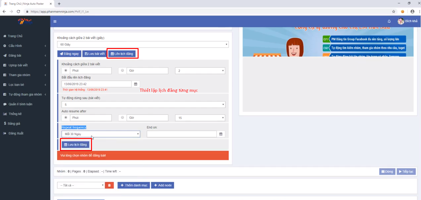 lap lich dang bang ninja auto post2 Hướng dẫn lập lịch đăng auto post Facebook trên phần mềm Ninja Auto Post