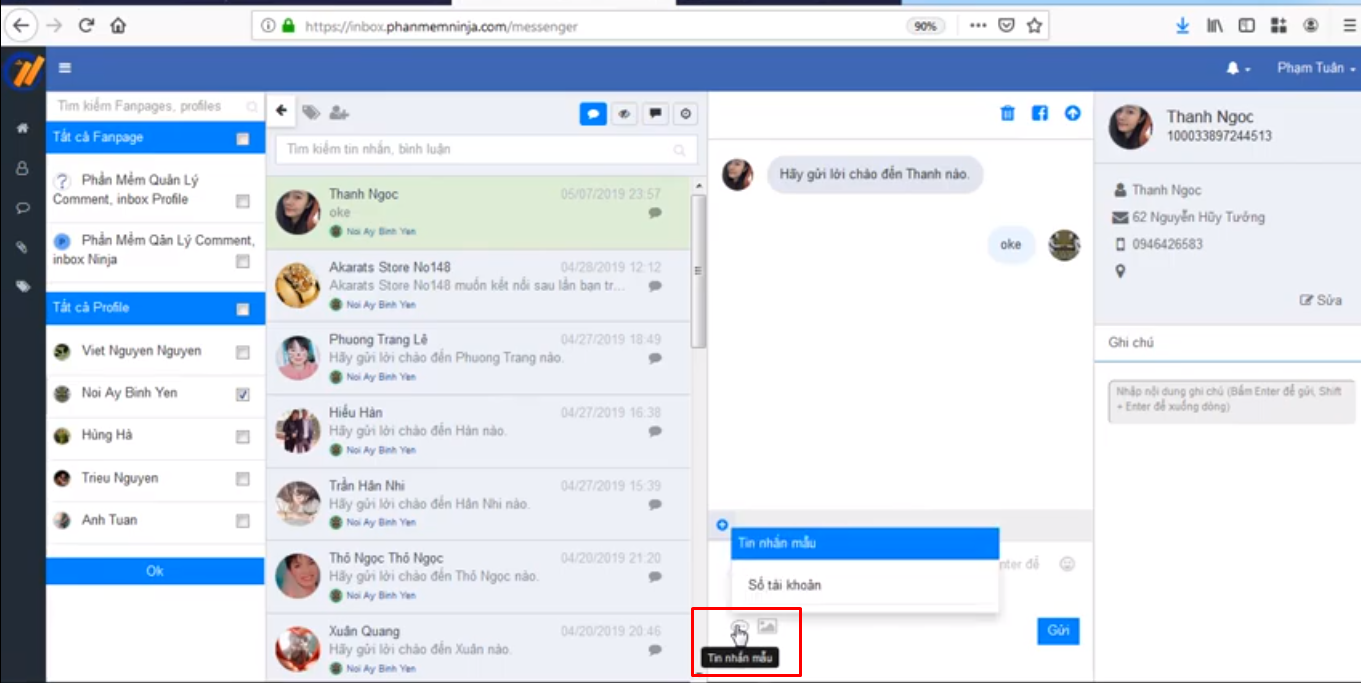 tin nhan mau ninja fanpage2 Xây dựng phần mềm gửi tin nhắn facebook chăm sóc sức khỏe mùa dịch