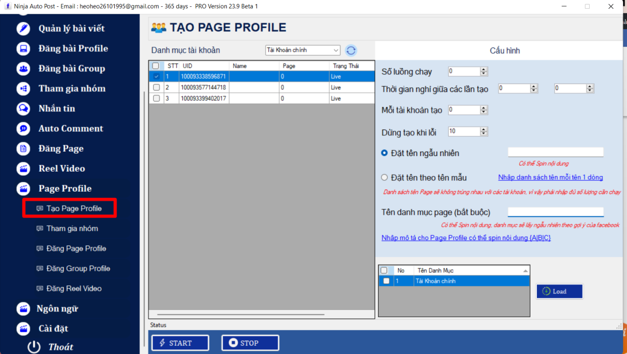 tool tao page facebook 1.1 Tool tạo page facebook tự động, số lượng lớn   Ninja Auto Post